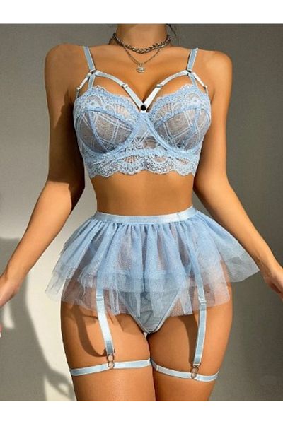GİYİMX Set de lenjerie de corp de damă, albastru, cu detaliu de frânghie, fustă bralet