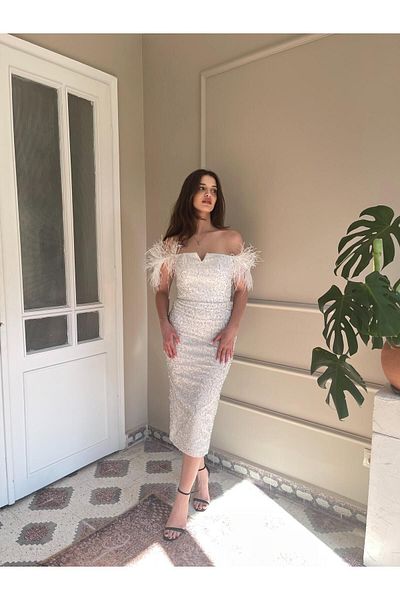 Seri Otrişli Low Sleeve Beading Embroidered Midi Evening Dress Wedding Engagement Graduation