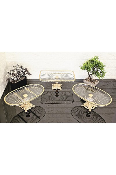 atabey home collection 3 Piece Striped Dowry Set - Presentation Gold Serving Plate & Standing Set