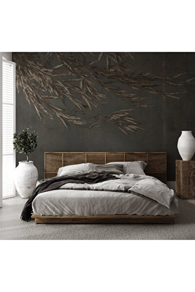 Tasarım Yaprak Desen Zeytin Ağacı Eskitme Vintage Duvar Kağıdı