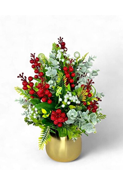 Nettenevime Yapay Çiçek Aranjman Gold Vazoda Yılbaşı Çiçeği Kırmızı Kokina Ve Pastel Şimşir