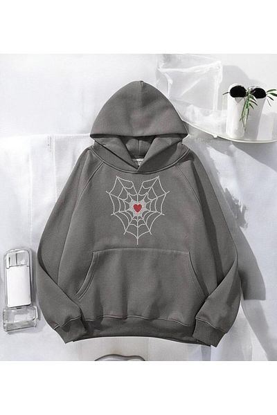 Touz Moda Spider Heart Stonework Detail Printed Anthracite Hooded Sweatshirt