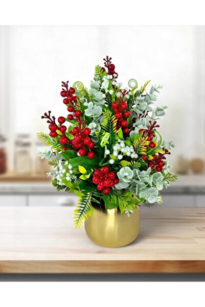 Nettenevime Yapay Çiçek Aranjman Gold Vazoda Yılbaşı Çiçeği Kırmızı Kokina Ve Pastel Şimşir