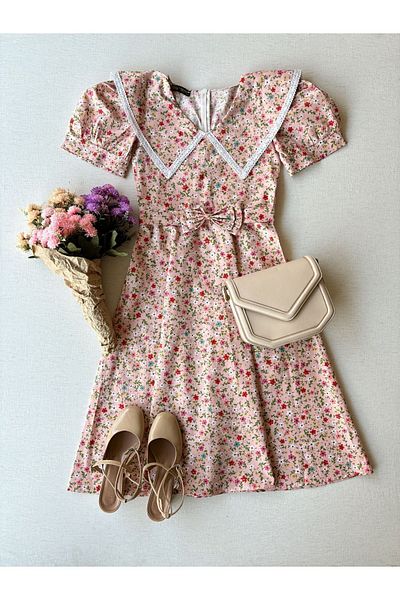 KÜÇÜĞÜM BUTİK Vintage Μεγάλος Γιακάς Πούδρα Floral Flared Φόρεμα Μητέρας-Κόρης (Η ΜΟΝΗ ΤΙΜΗ ΕΙΝΑΙ)