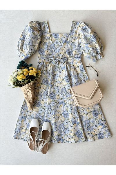 KÜÇÜĞÜM BUTİK Blue Pastel Print - Rochie de dama din poplin evazat cu guler patrat