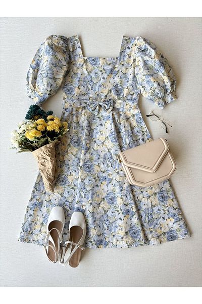 KÜÇÜĞÜM BUTİK Blue Pastel Print - Rochie de dama din poplin evazat cu guler patrat
