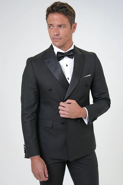 SÜVARİ Tuxedo din satin negru - Călăreț dublu, cu detaliu cu rever cu flori