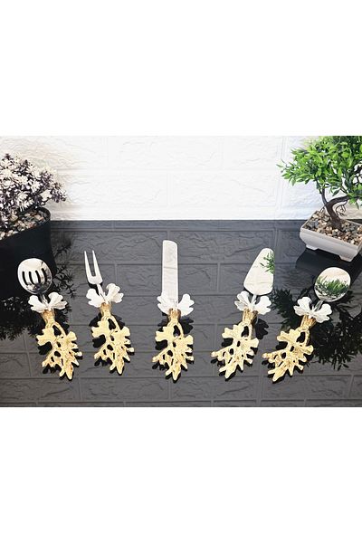 atabey home collection Gold Serving Set 5 Pieces - Butterfly Detailed Cake and Spatula