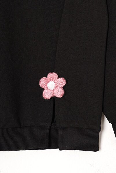 zepkids Crew Neck Long Sleeve on Slit Daisy Detailed Long Sleeve Black Pink Color Girl's Tracksuit Jewelry