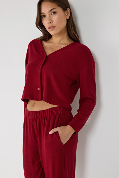 No Matter What Red V-Neck Button Detailed Soft Textured Crop Cardigan