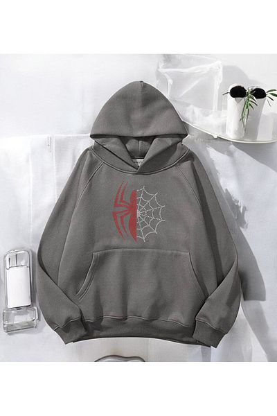 Touz Moda Spider Web Stonework Detail Printed Hooded Sweatshirt