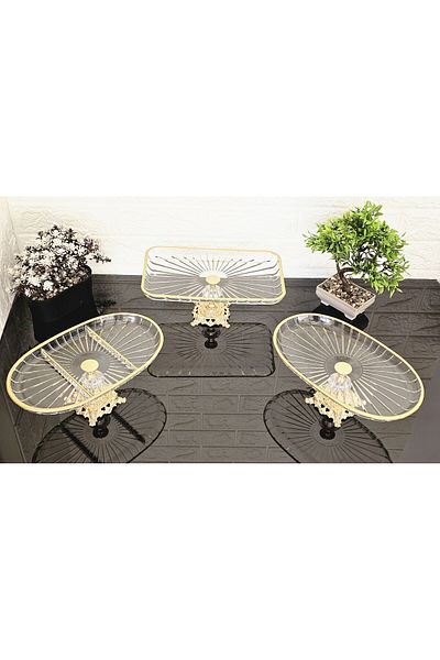 atabey home collection طقم مهر مخطط مكون من 3 قطع - طبق تقديم ذهبي ومجموعة قدم
