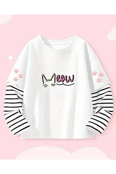 Touz Moda Λευκό μπλουζάκι με μακρυμάνικο Unisex Meow Fake Sleeves