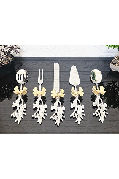 atabey home collection 5-Piece Butterfly Detailed Silver Serving Set & Cake Serving & Spatula, Colander, Knife, Fork