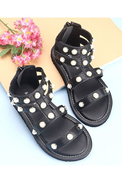 Pine kids Zipper Closure Studded Sandals - Black