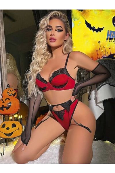 GİYİMX Women's Red Bra Panty Garter Gloves 4 Piece Full Fancy Lingerie Set