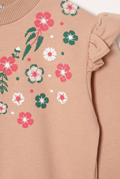 zepkids Crew Neck Long Sleeve Floral Embroidery Printed Mink Color Girl's Double Suit