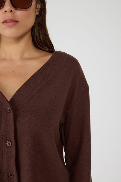 No Matter What Brown V-Neck Button Detailed Soft Textured Crop Cardigan