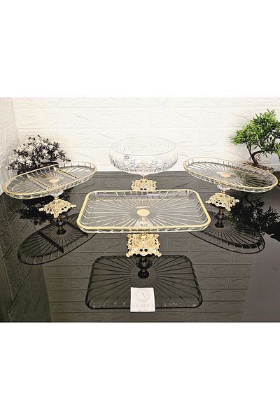 atabey home collection طقم مهر مخطط مكون من 4 قطع - 3 حاملات عرض ووعاء سلطة