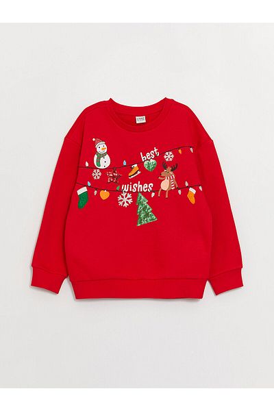 LC Waikiki Lcwk Langarm-Sweatshirt für Mädchen mit Rundhalsausschnitt und Neujahrsmotiv