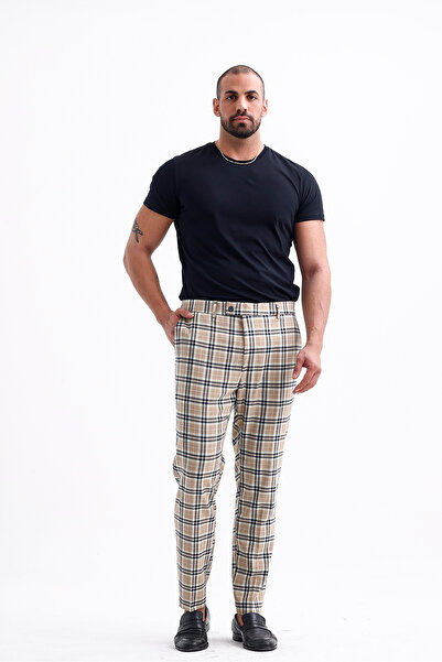 Erkek Battal Boy Pantolon - Bej Kareli Desen, Modern ve Şık Tasarım