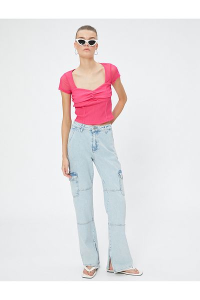 Koton Crop T-Shirt with Transparent Heart Motif