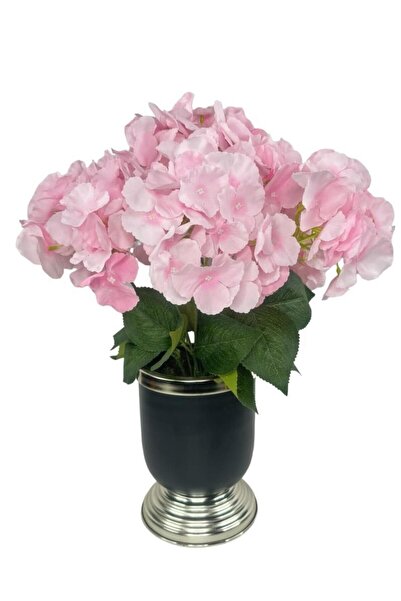 Nettenevime Yapay Çiçek Pembe Ortanca Aranjmanı Siyah Gümüş Vazolu Masa Üstü ...