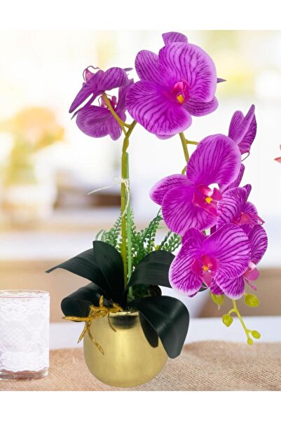 Nettenevime Yapay Çiçek Fuşya Islak Orkide Gold Metal Saksıda Seramik Saksıda...