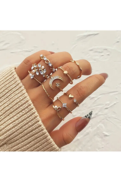Takıtolia Moon Star 10 Piece Design Gold Gold Stone Ring Set