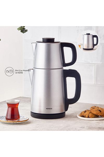 Karaca 2 in 1 Tea Maker and Kettle - Stainless Steel Inox, Large Capacity, 30 Cups of Tea