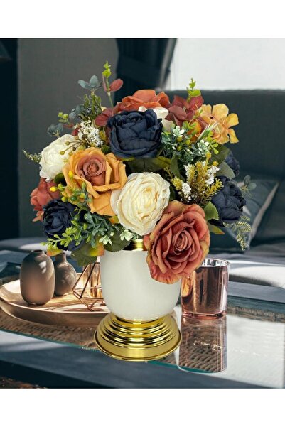 Nettenevime Yapay Çiçek Aranjmanı Metal Gold-krem Vazolu Nişan Çiçeği Isteme Çiçeği Masa Üstü Çiçeği Arajman