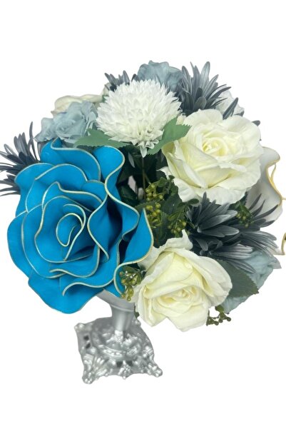 Nettenevime Yapay Çiçek Aranjmanı Büyük Boy Mavi Beyaz Tonlar Gümüş Metal Vazolu Arajman Nişan Kız İsteme Çiçeği