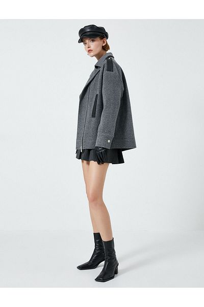 Koton Biker Coat with Epaulettes and Zippered Artificial Leather Detail