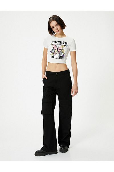 Koton Κοντομάνικο T-shirt Crop Butterfly printed Crew Neck Cotton Slim Fit