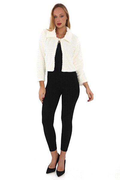 memetti m şekil Jachetă crop de lux cu dungi transversale albe pentru femei, căptușită cu blană în exterior