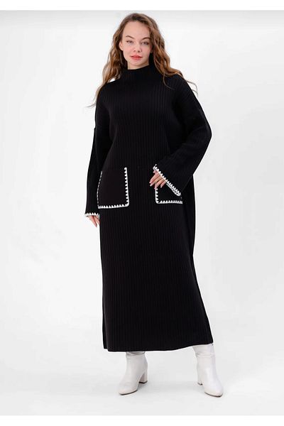 EsSo butik Women's Spanish Sleeve Shepherd Stitching Knitwear Dress Wide Fit Standard Size