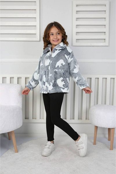 ARBİ kids Gray Plush Cardigan - Girl'S, with Pockets and Zipper, Sent 11-12 Years, Instead of 9-10