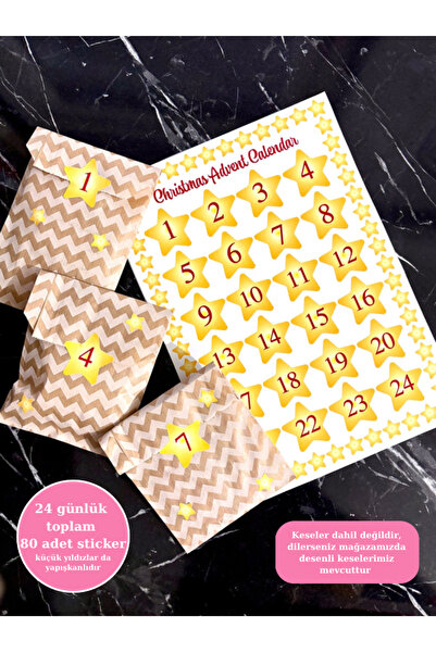 Hayal.kirtasiyesi Yılbaşı advent calendar stickerı,24 gün 80 adet yapışkanlı,geri sayım takvimi etiketi hediye takvimi
