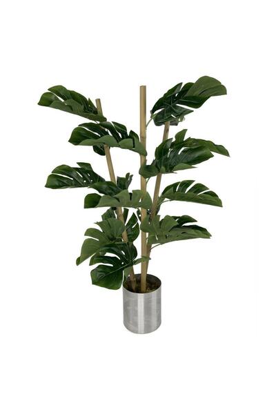 Nettenevime Yapay Çiçek Monstera Bambu Saplı Deve Tabanı Gümüş Saksılı Salon Çiçeği 18 Yaprak 80 Cm
