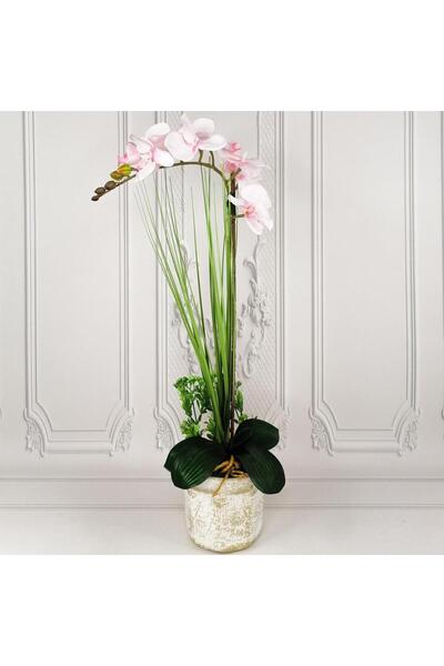 Nettenevime Yapay Çiçek Açık Pembe Orkide Seramik Saksıda Tekli Orkide 60cm