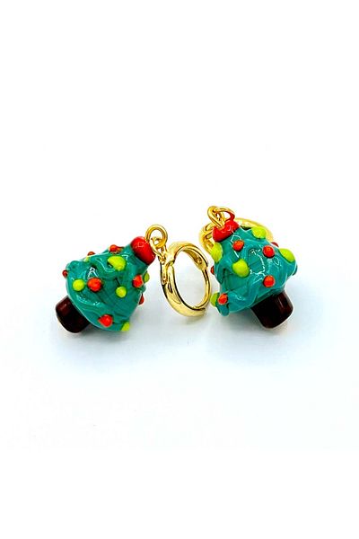 Polonezköy Cam Sanat Merkezi Christmas Pine Tree Earrings – New Year Themed Handmade Stylish Glass Jewelry