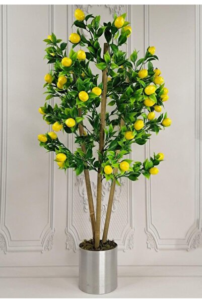 Nettenevime Yapay Ağaç Limon Ağacı Gür Yapraklı 80cm Bambu Dalında Gümüş Paslanmaz Aleminyum Saksılı