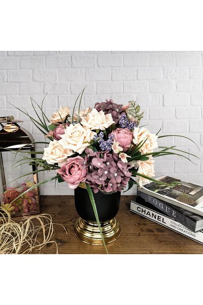 Nettenevime Artificial Flower Arrangement Special Design Latex Roses Hydrangeas in Metal Matte Black Gold Vase