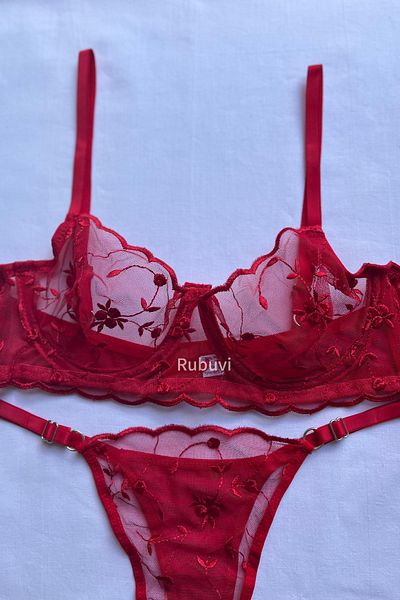 Rubuvi Lily Women's Red Floral Underwire Lace Dowry Underwear Bra Set Lingerie Set