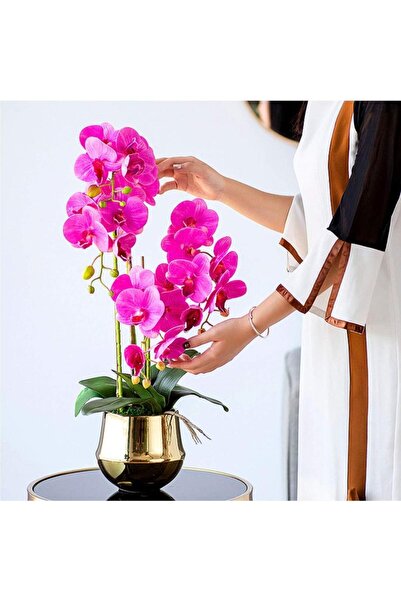 Nettenevime 4lü Set Yapay Çiçek Fuşya Islak Orkide ve 2 Adet Orkide Yaprağı Gerçeksi Doku Uzun Dal 90cm