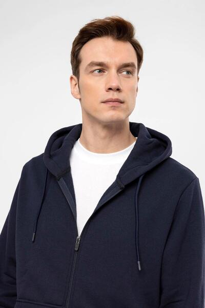 SÜVARİ Süvari Hooded Zipper Collar Regular Fit Plain Navy Blue Sweatshirt