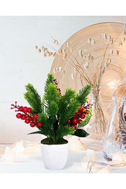 Nettenevime Yapay Çiçek Yılbaşı Çiçeği Kırmızı Kokina Ve Çam Dalı Beyaz Aksıda 30*20cm