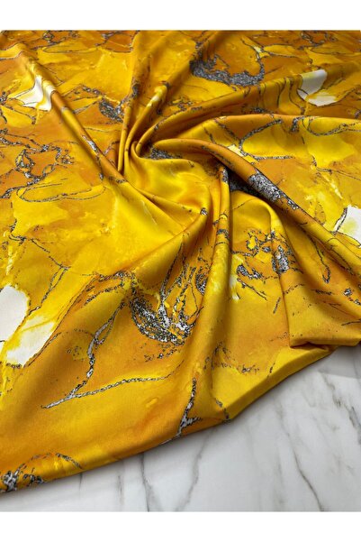 ipekkumaş Sarı Mermer Desen Elbiselik Gömleklik Tivil Saten Kumaş Ürünümüz Ad...