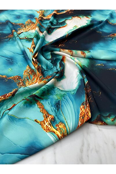 ipekkumaş Blue Sea Pattern Dress Shirt Dress Tivil Satin Fabric