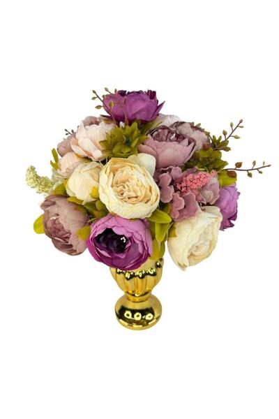 Nettenevime Yapay Çiçek Aranjmanı Mor Pembe Gülkurusu Rengi Gold Cam Vazoda Nişan Çiçeği İsteme Çiçeği